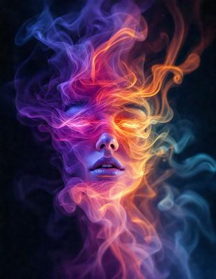 The primary subject of the image is a woman's face, which is the main focus of the image. The setting is a dark background, which contrasts with the woman's face. The visual style is a combination of a photo and digital art, creating a unique and artistic representation of the woman's face. The colors and mood of the image are predominantly purple and orange, giving the image a vibrant and lively atmosphere.